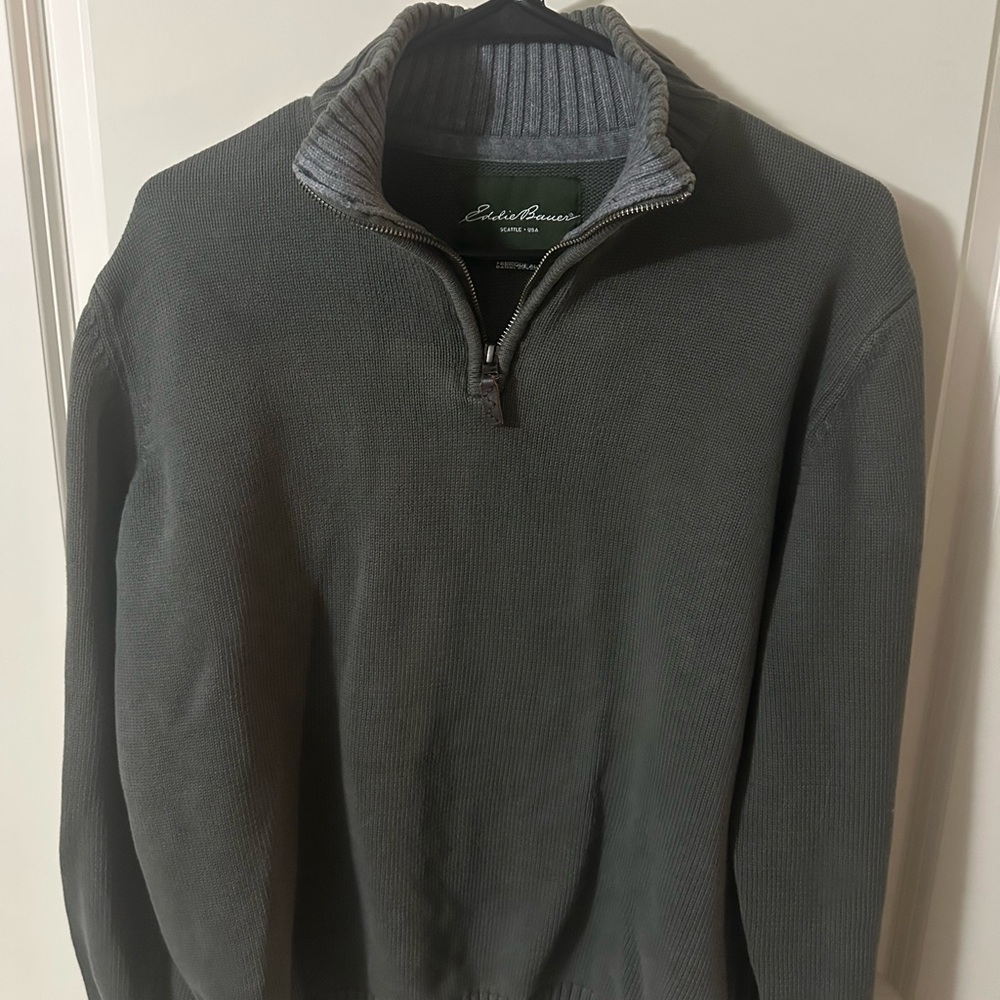 Eddie Bauer Men's Dark Green Cotton Quarter Zip-Up Sweater